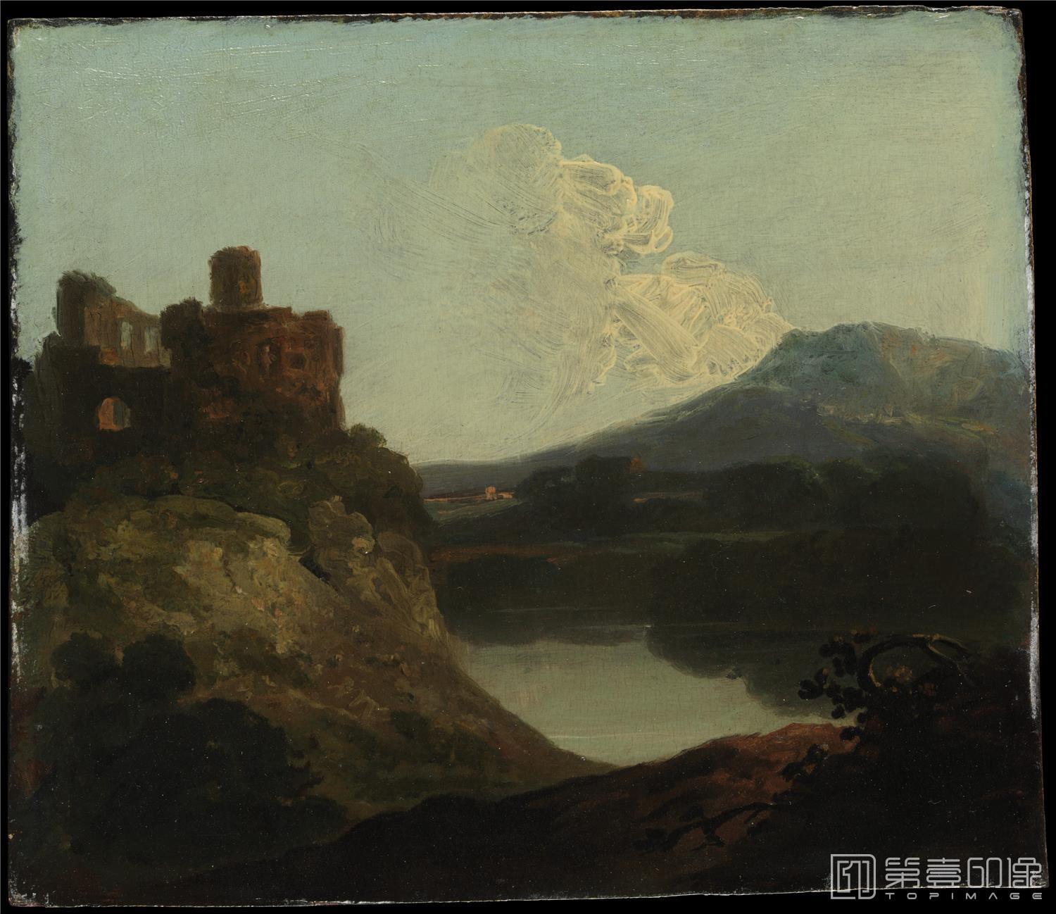 油画-美国纽约大都会美术馆油画藏画-Richard WilsonWelsh Landscape with a Ruined Castle by a Lake-1857